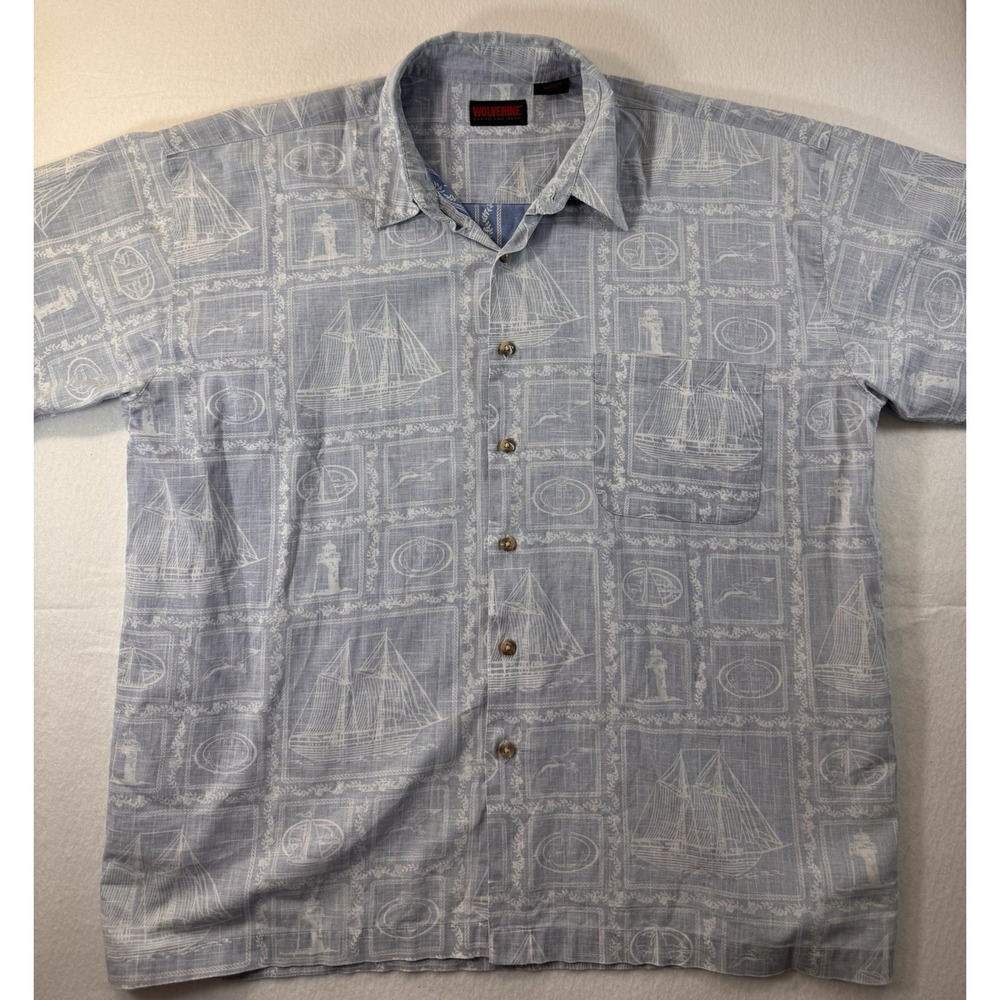 Wolverine Boots & Gear Mens XL Button Up Blue Reverse Print Sail Boat Anchor